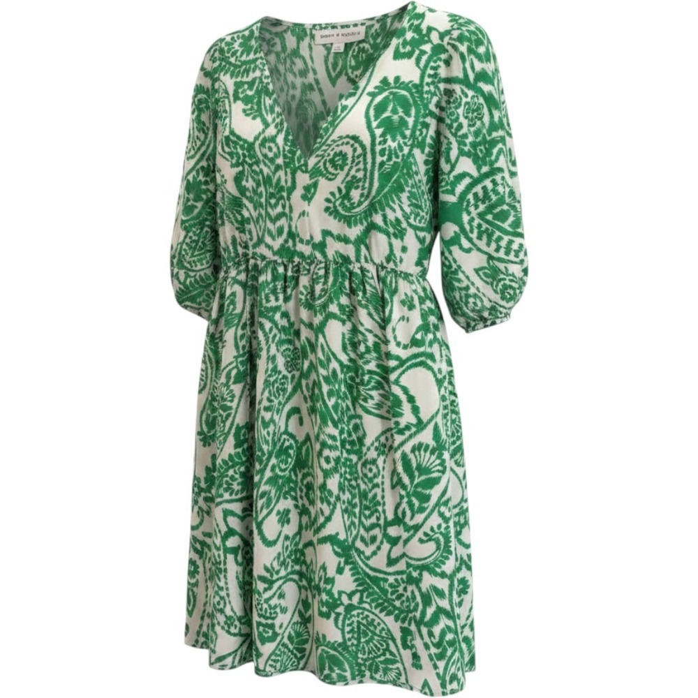 Emma & Michele Green White Ikat Paisley Dress Size S 3/4 Sleeve